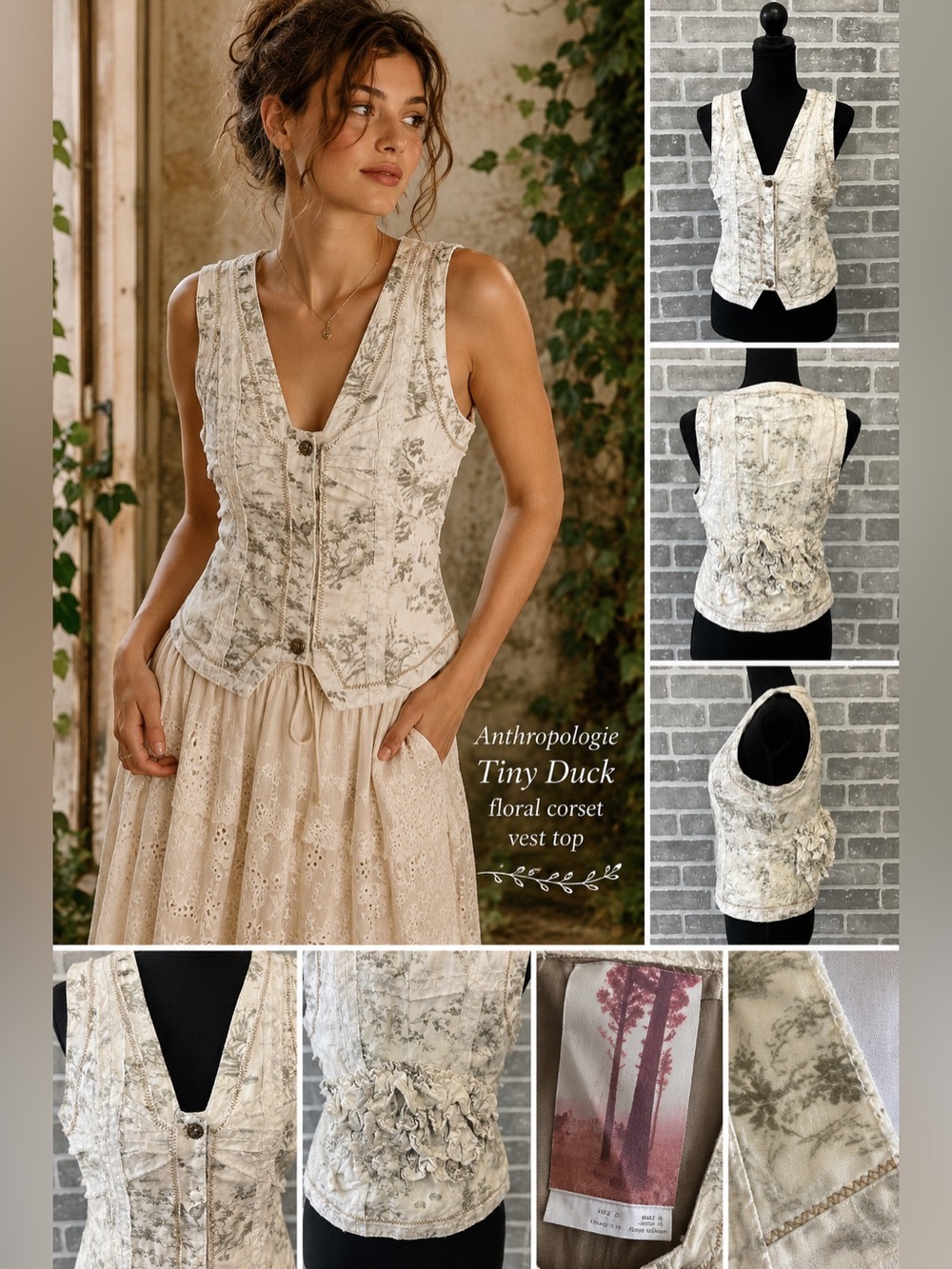Anthropologie Tiny Duck Floral Corset Vest‎ Size 0 Cottage core Ruffle Romantic